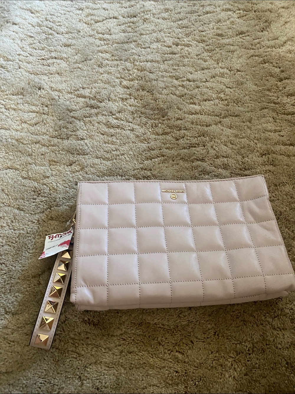 Michael Kors Blush Quilted Wristlet Clutch with Gold Stud Accent